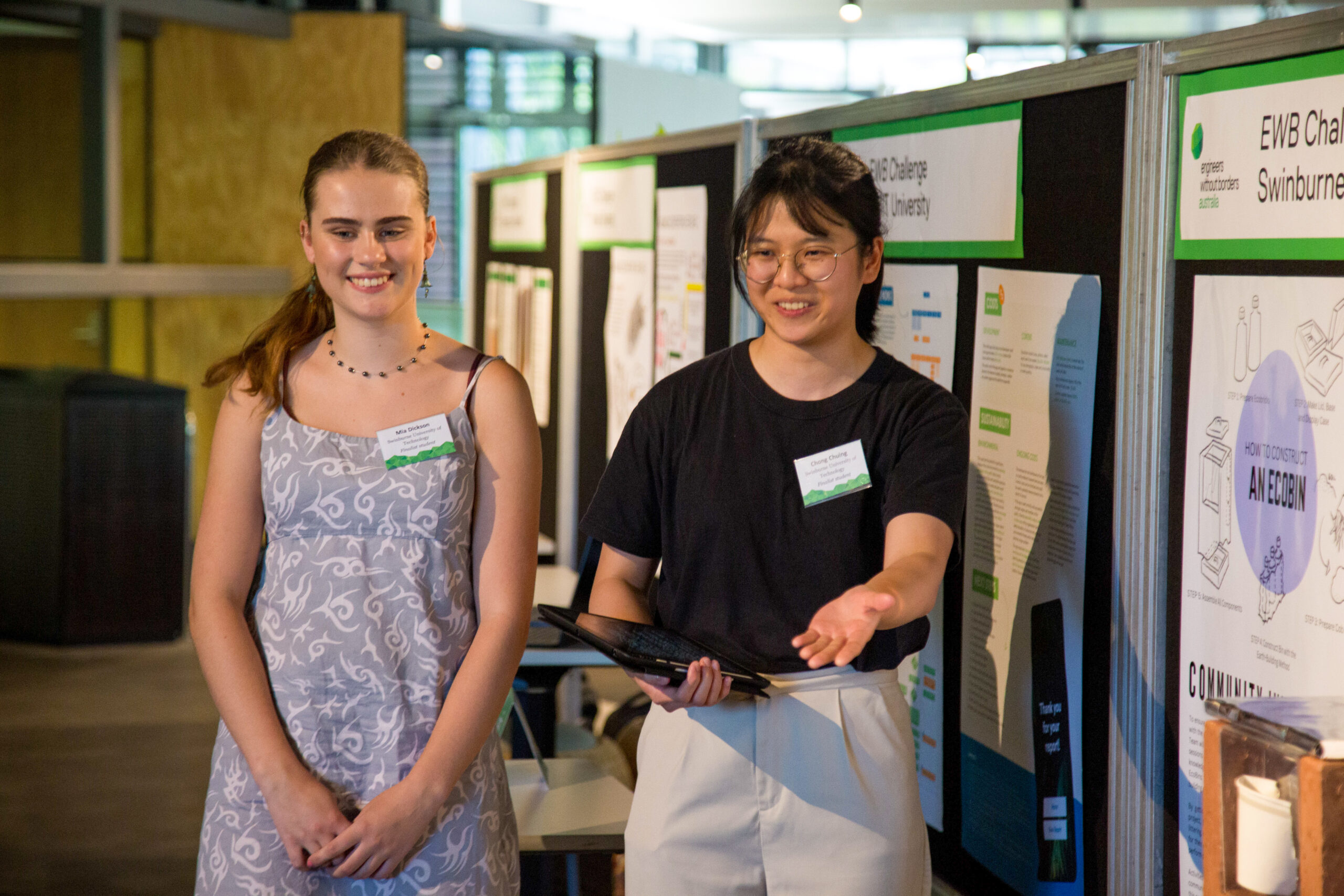 Swinburne University students presenting their pitch to the judges at the EWB Challenge Showcase.